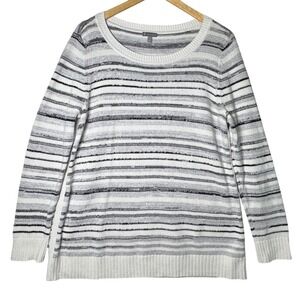 Womens Striped Knit Pullover Sweater Gray White Size Large Long Sleeve‎